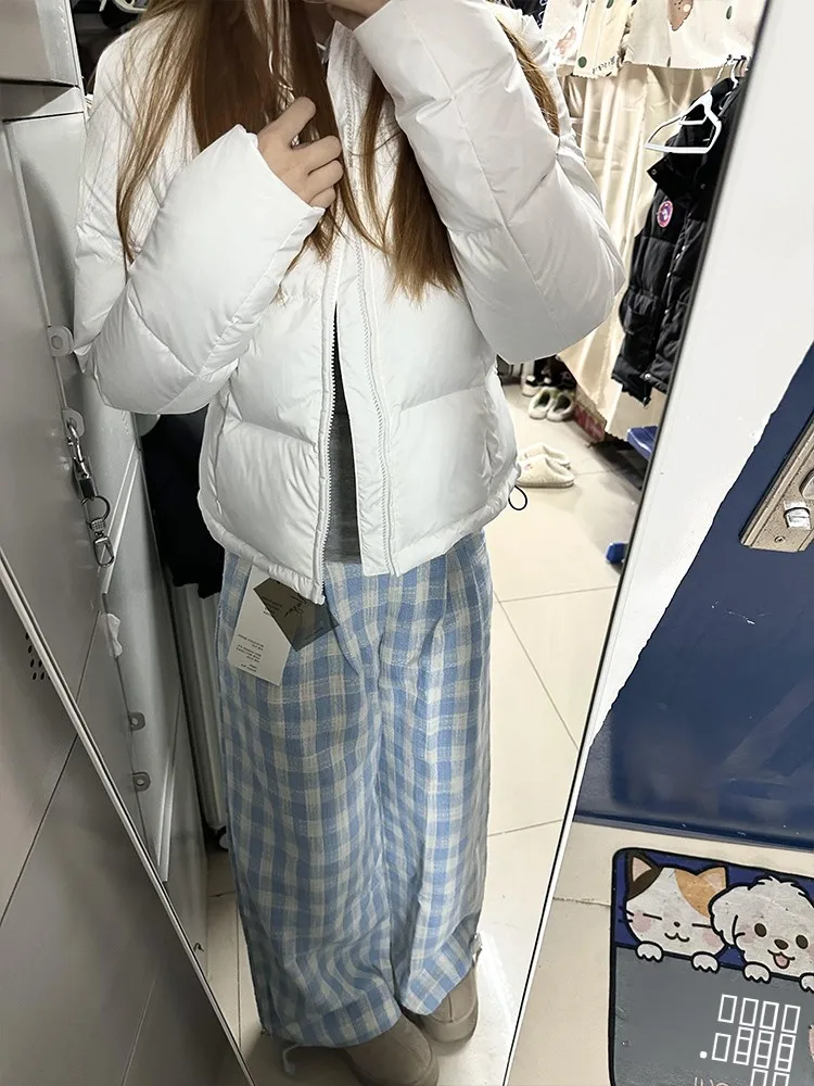 

Синие клетчатые брюки с широкими штанинами на флисовой подкладке, женские свободные повседневные брюки для похудения, осенне-зимние новые брюки с высокой талией и прямыми штанинами