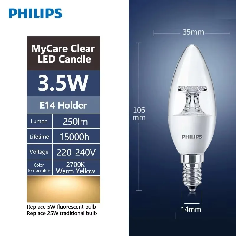 Philips Original MyCare Series B35 Clear LED Candle Light Bulb E14 Base 3.5W Option 2700K Warm White Comfort Lighting AC
