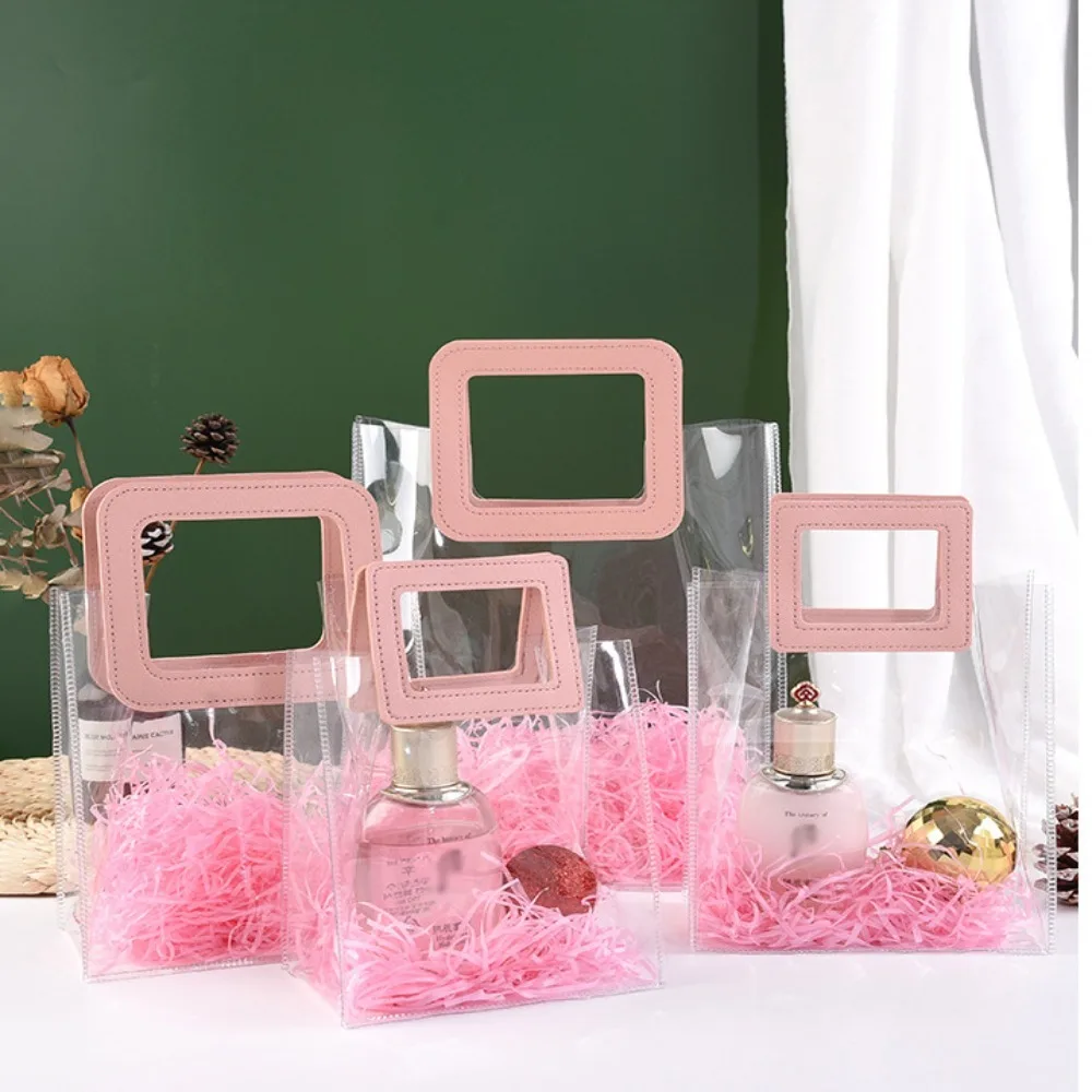 PVC Clear Tote Bag Square Shape Handle Transparent Transparent Shopping Bags Round Shape Handle Waterproof Storage Bag