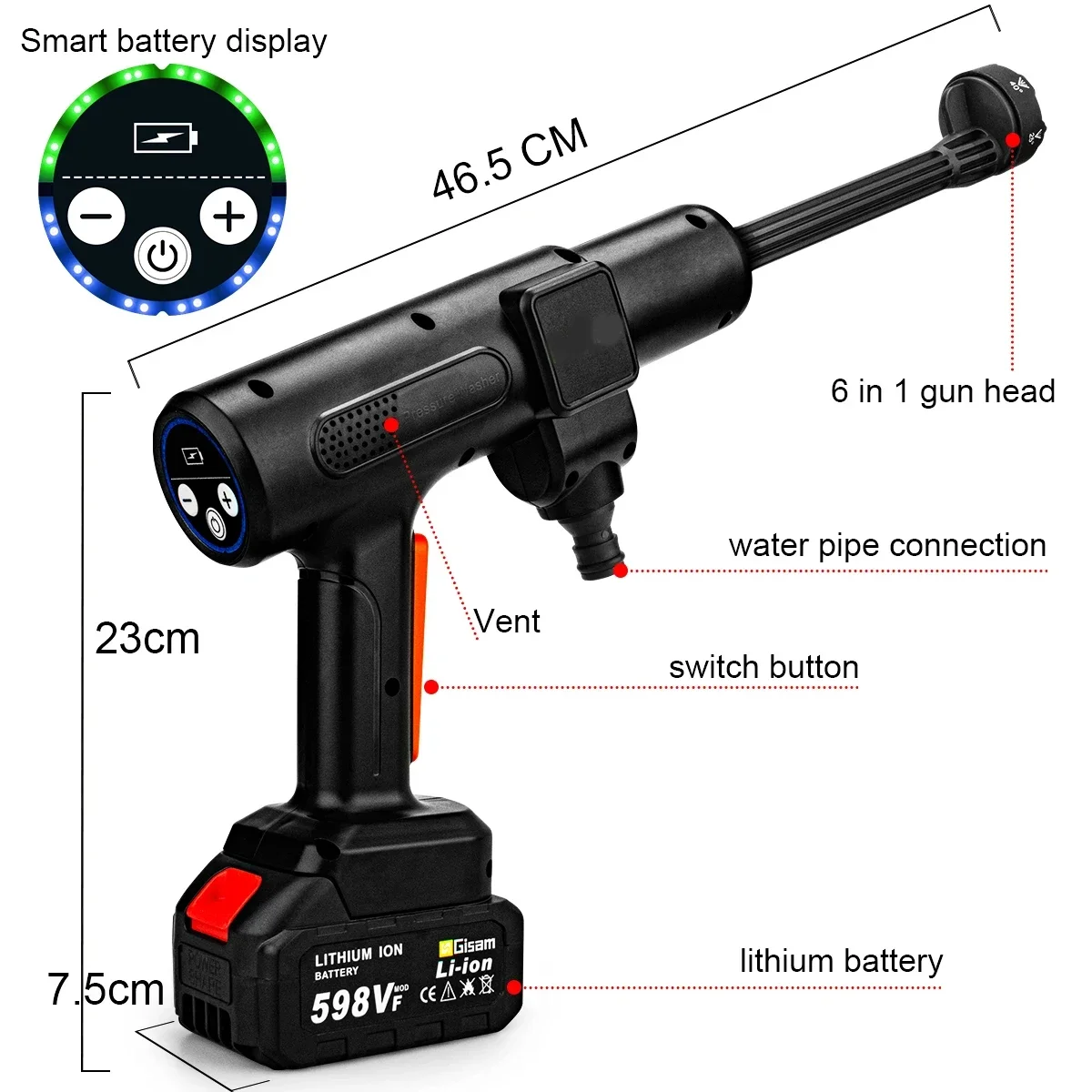 200Bar 3-Speed Brushless Booster Electric Pressure Washer 6-in-1 Home Car Wash Garden Rinse Gun for Makita 18V Battery Guns