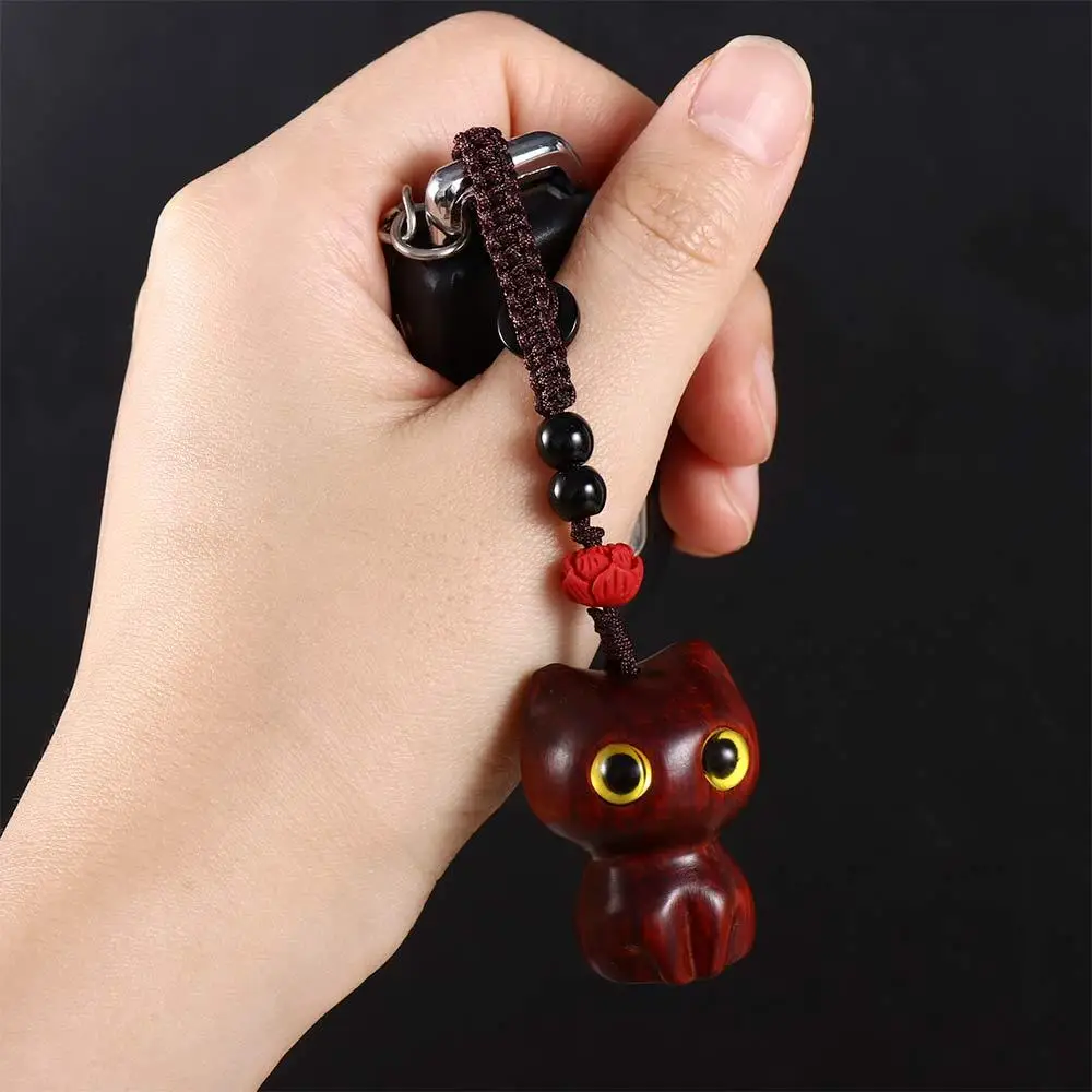 Sandalwood Wooden Cat Keychain Anime Cute Mobile Phone Chain Wooden Bag Pendant Accessories Car Keys Pendant Charms