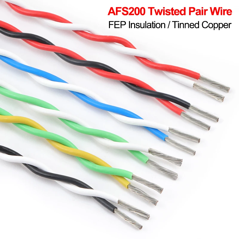 2/10/50m AFS200 Twised Pair Wire FEP Insulated Tinned Copper 26/24/22/20/18/17/15/13AWG 600V High Temperature Electric Cable