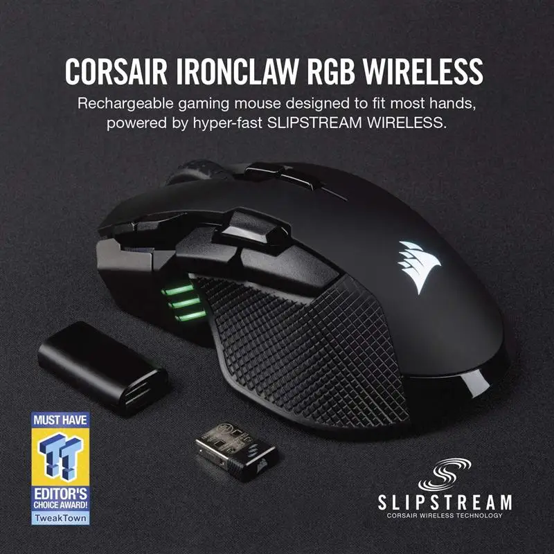 

Corsair Ironclaw Wireless RGB - FPS and MOBA Gaming Mouse - 18,000 DPI Optical Sensor - Sub-1 ms SLIPSTREAM Wireless