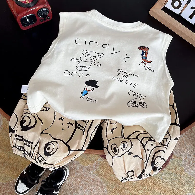 Verão crianças meninos meninas roupas de algodão conjunto printe dos desenhos animados colete shorts da criança roupas do bebê crianças agasalho infantil conjunto casual