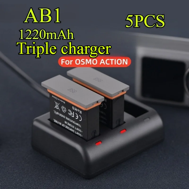 5 قطعة بطارية وسعة 1220 مللي أمبير في الساعة AB1 ومجموعة شاحن لـ DJI OSMO Action 1 قاعدة شحن سريعة مزدوجة الفتحة مع مؤشرات LED