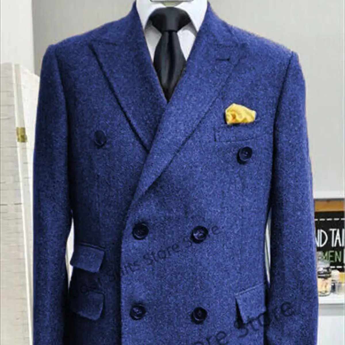 

Handsome Double-breasted Blue Coat For Men Slim Fit Peak Lapel Groom Tuxedos Prom Party Business Male Blazer Jaqueta Masculina