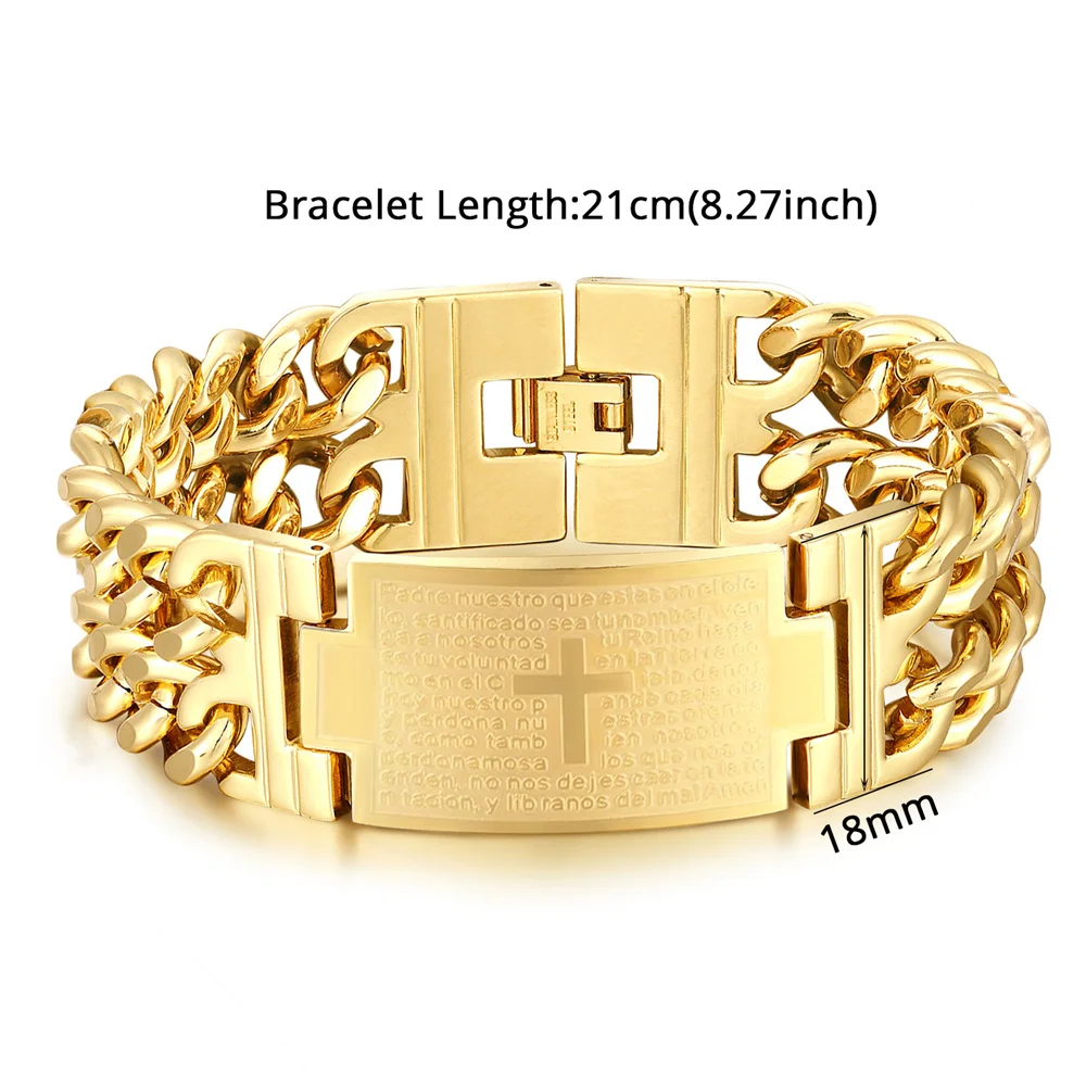 Punk Bible Jesus Cross Charm Bracelet 18mm Male Gold Color Stainless Steel Cuban Hand Chains For Men Fashion Party Jewelry Gift