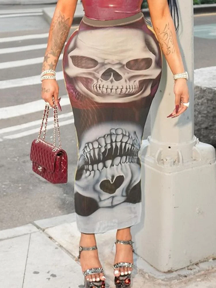 Nibber Skulls Print Skirts Women Mesh Sexy See Through Skinny 2025 Summer Trend Stretch Wild Basic Clubwear Midnight Long Skirts