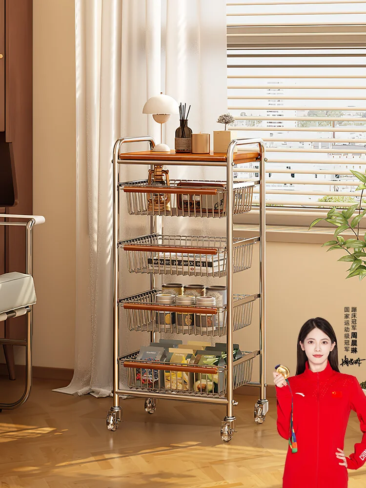 Medieval wrought iron trolley household storage mobile storage rack living room sorting snacks floor multi-layer shelves