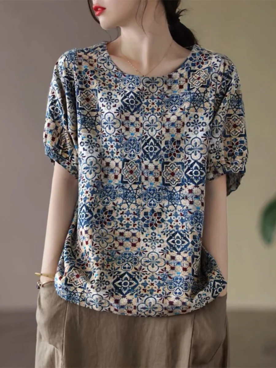 Slimming Cotton Linen Short Sleeve T-Shirt Women's Loose Fit Summer New Style Base Shirt round Neck Thin Linen under Shirt