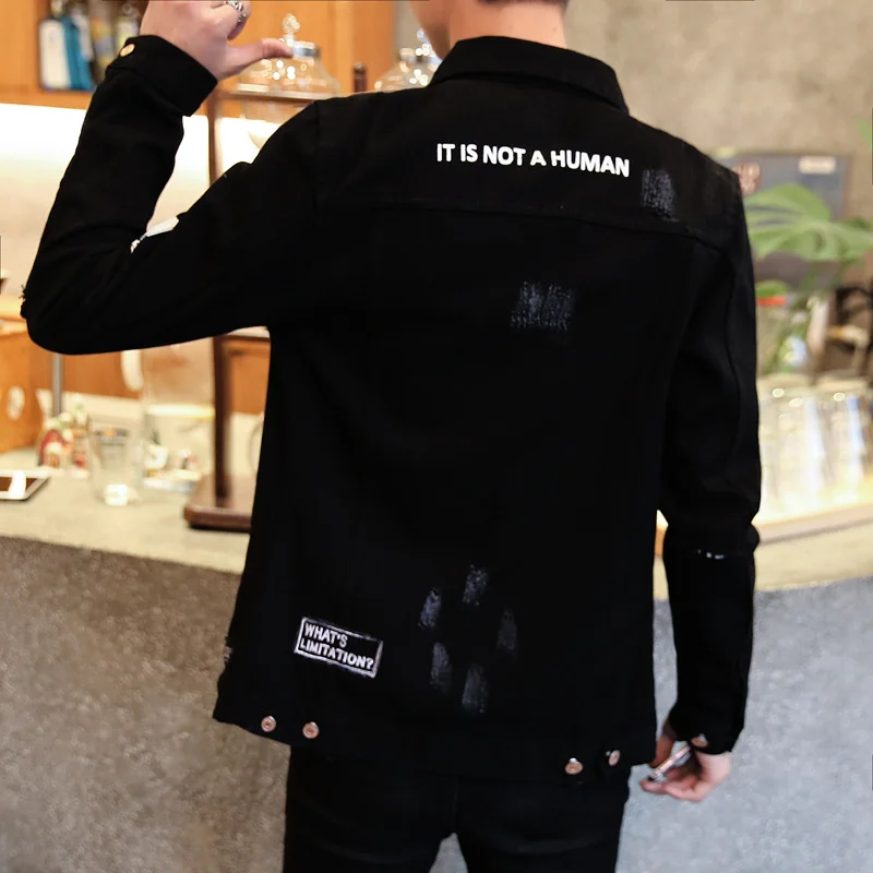 Harajuku Ripped Jeans Jacket Men Black Streetwear Destroy Casual Slim Denim Jeans Men Windbreaker Bomber Jacket