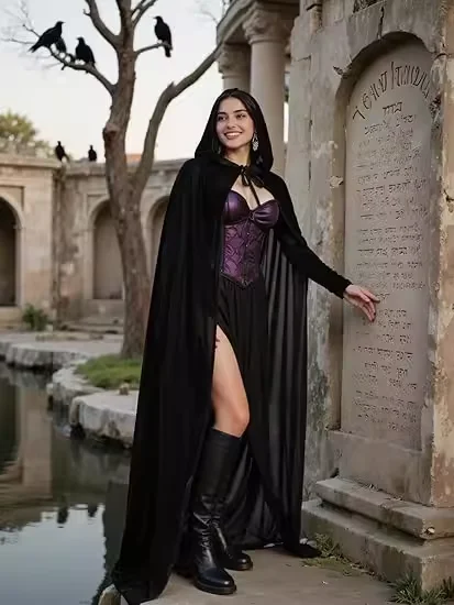 عباءة طويلة مخملية بغطاء للرأس، زي ساحرة للهالوين، زي عرقي، معطف ساحر من العصور الوسطى للعب الأدوار، مع ربطات، متوسط الطول، أ...