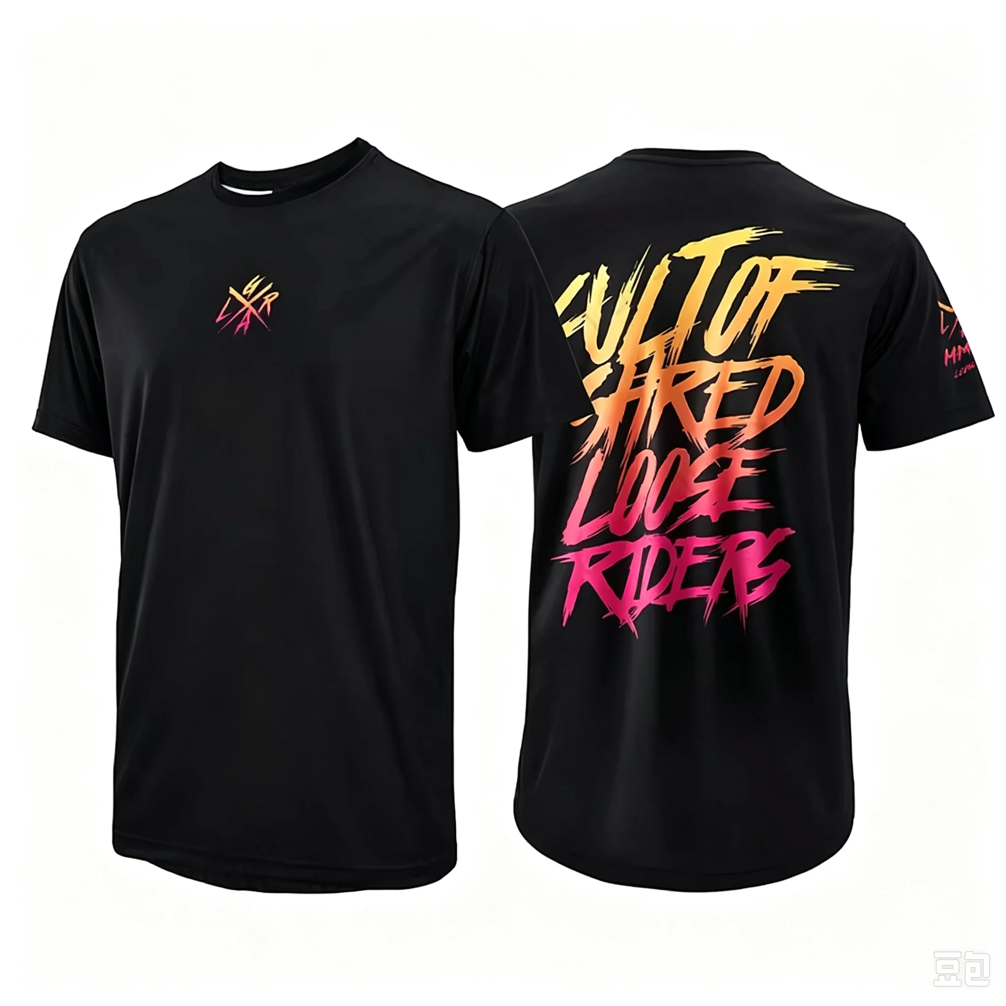 2026 Black Oversized T-shirt, Front Mini Graffiti Logo & Back Gradient Brush Letter Slogan Print, Rider Streetwear Unisex Tee
