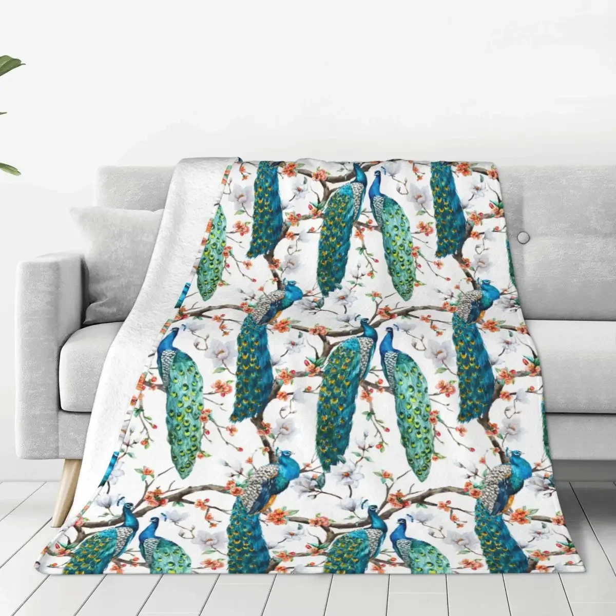 Cozy Peacocks Lover Blooming Cherry Trees Blanket Sofa Decorative White Magnolia Flowers Sakura Peacocks Throw Blankets Soft