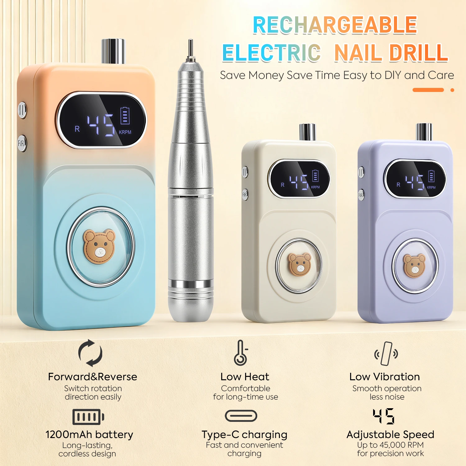 Perceuse à ongles électrique professionnelle Rechargeable, 45000 tr/min, lime à ongles Portable sans fil pour enlever les ongles en Gel acrylique