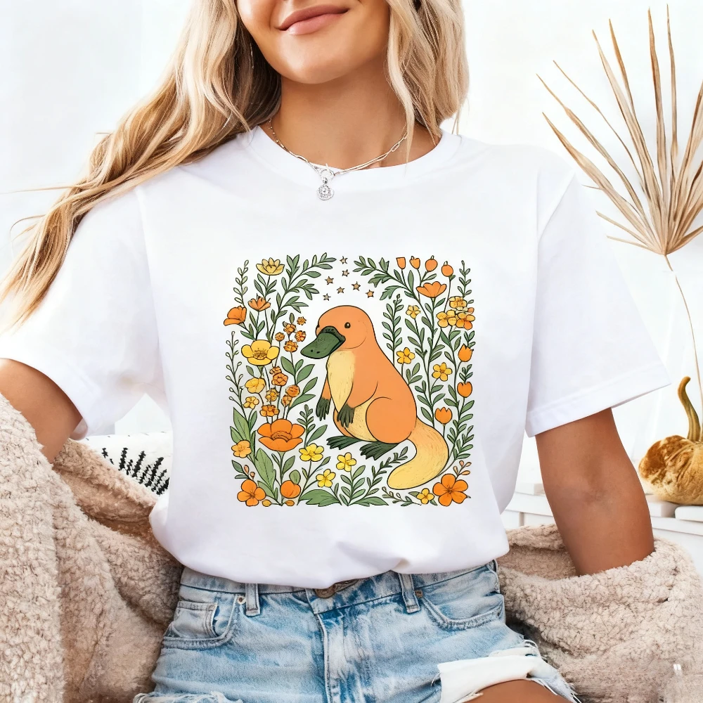 

Cute Flower Platypus Shirt Platypus Lover Tee Kawaii Platypus Gift Women Casual T-shirt Daily Life Rural Aesthetics Girls Tops