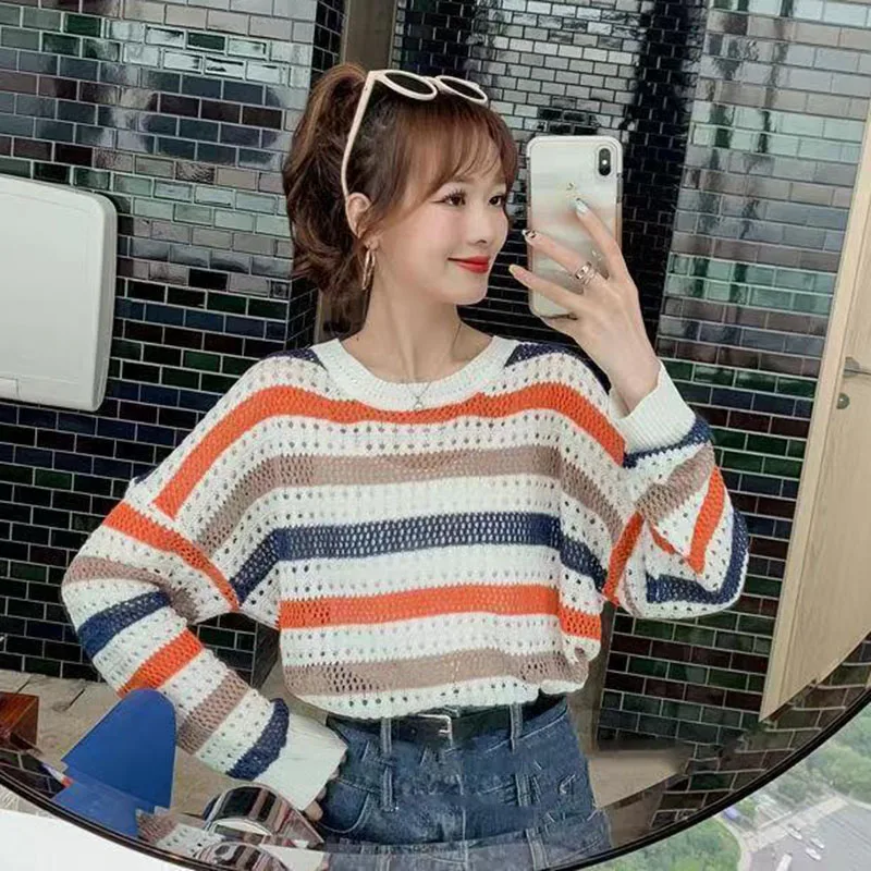 

Women Autumn Loose Knitted Pullover Tops Casual Long Sleeve O-neck Striped Pull Jumper Plus Size Tops