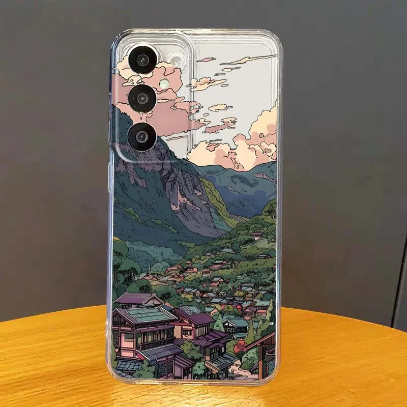 Cartoon Mountain Village Scene For Samsung Galaxy S26 S25 S24 Ultra Pro Plus 5G Protective Transparent Phone Case Cover