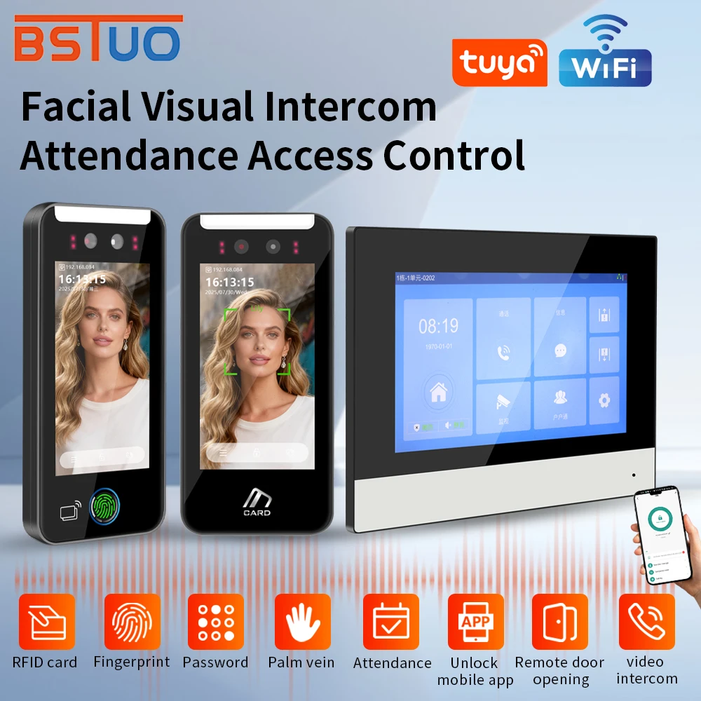 

Face Recognition Visual Intercom System Tuya WiFi Biometric Fingerprint Palm Vein Access Control with 7in Indoor Unit HD Camera