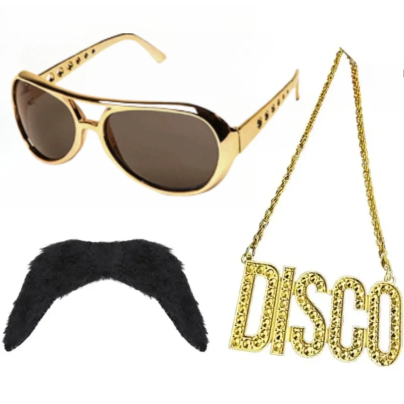 Retro Disco Hippie 60s 70s Cosplay Costume Sets Hiphop Necklace Sunglasses for Men Women Accessories Halloween Carnival Party