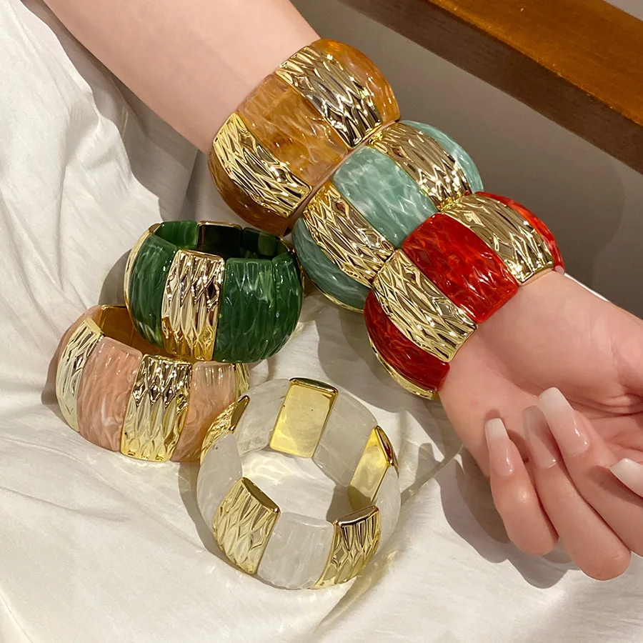 Acrylic Square Pattern Bangles for Women Elastic Rope Splicing Bracelets Geometric Irregular Wide Fashion Personality Jewelry V