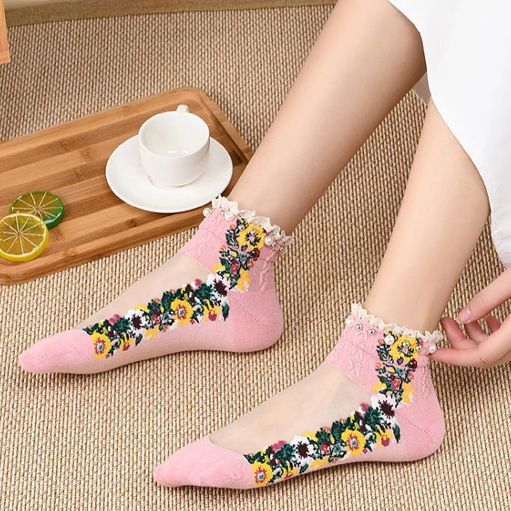 Fashion Transparent Women Pearl Mesh Spring Boat Socks Hosiery Short Socks Embroidery Flowers Socks