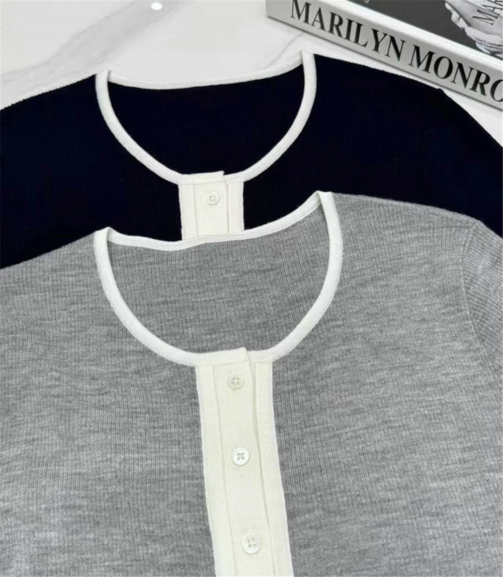 25 春夏新作 Meilino ウール ラウンドネック 長袖 ニット スリム フィット カラー コントラスト トップ 女性用