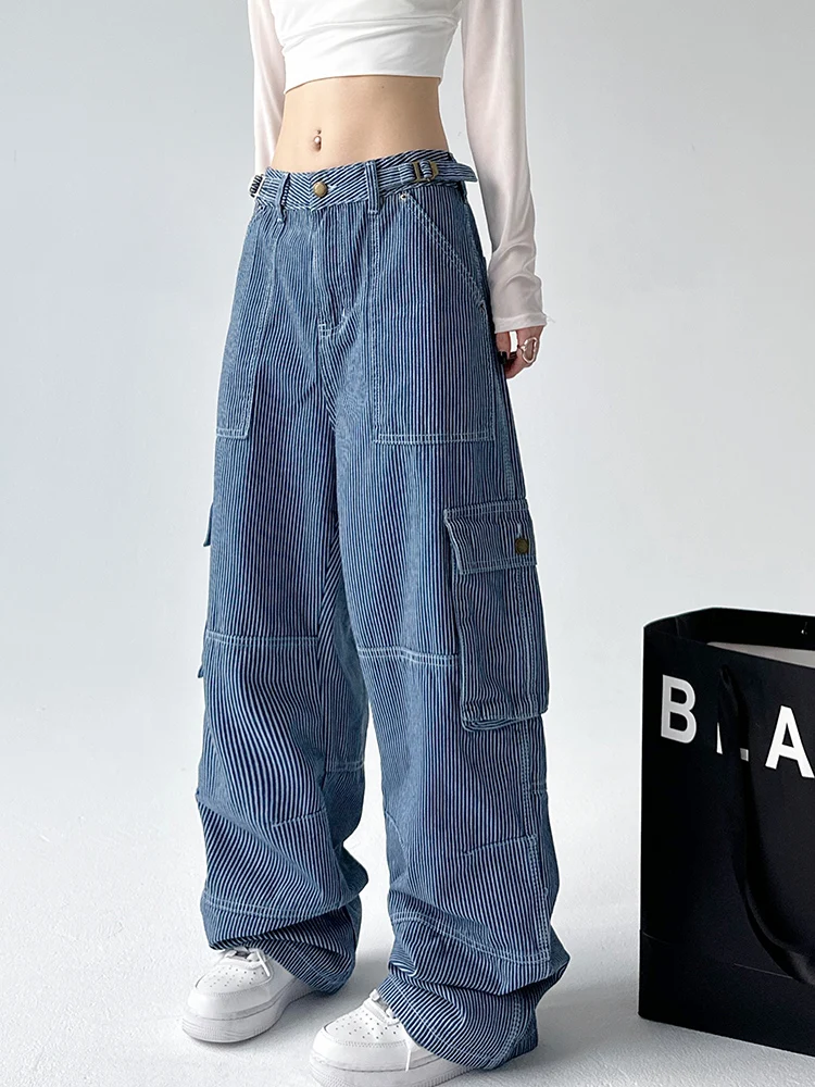 American Sle Workwear Retro rayas pierna recta Denim Jeans mujer otoño nueva calle Multi ket Patchwork pantalones sueltos