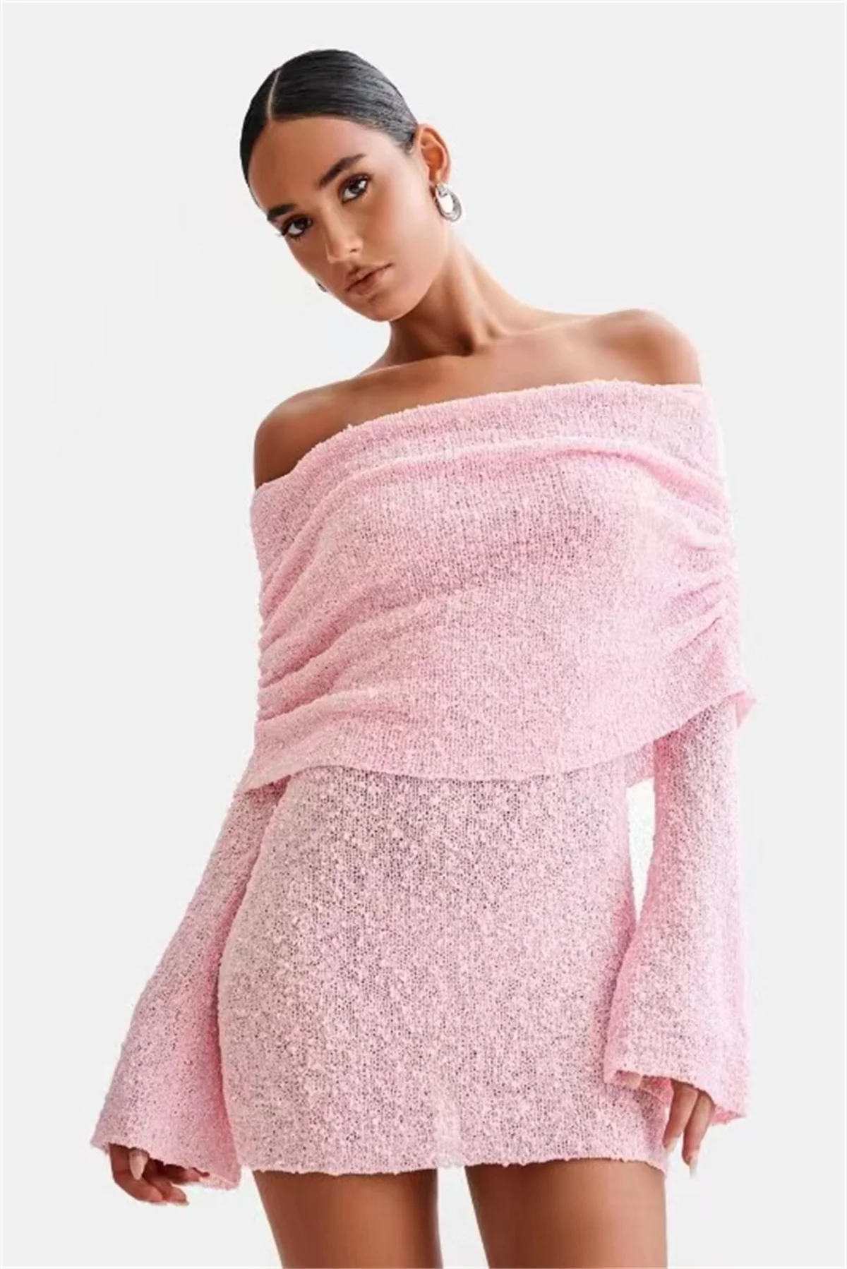 

Melphieer Sexy Knit Mini Dress Women Pink Long Sleeve Off The Shoulder Dresses Female 2025 Summer Lady Beach Club Robes New
