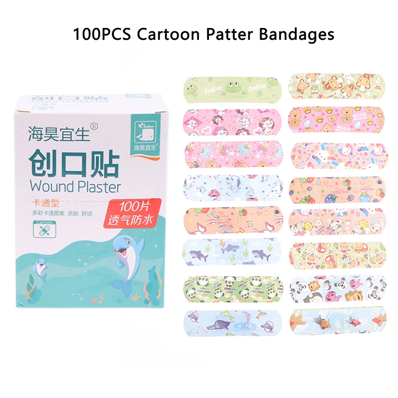 100PCS Adhesive Bandage Wound Strips Plasters For Children Cartoon Pattern Waterproof Hemostasis Kids Band Aid Stickers