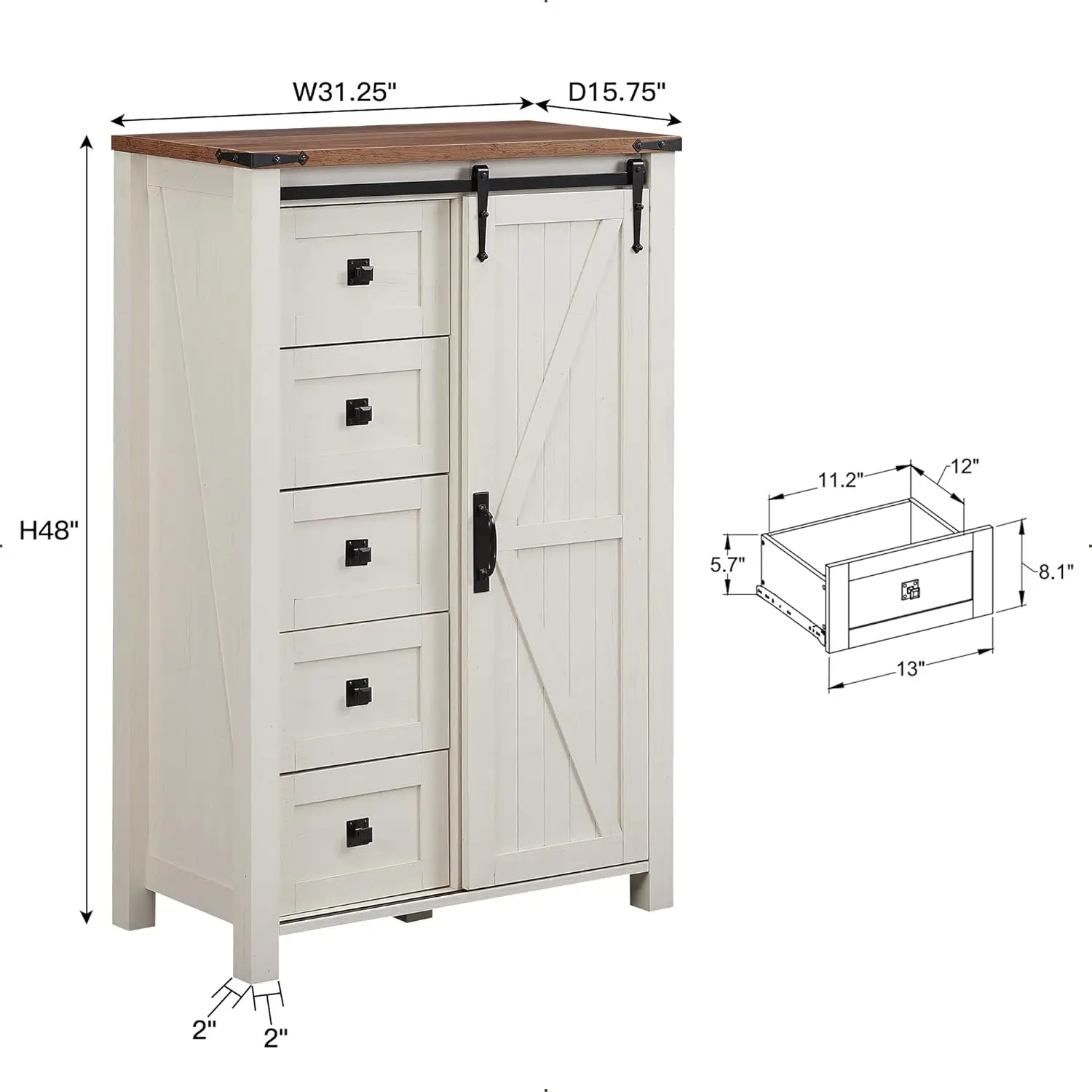 5 Drawers Dresser for Bedroom w/Sliding Barn Door, Farmhouse Modern Tall Dresser 5 Chest of Drawers, Storage Organizer Dresser