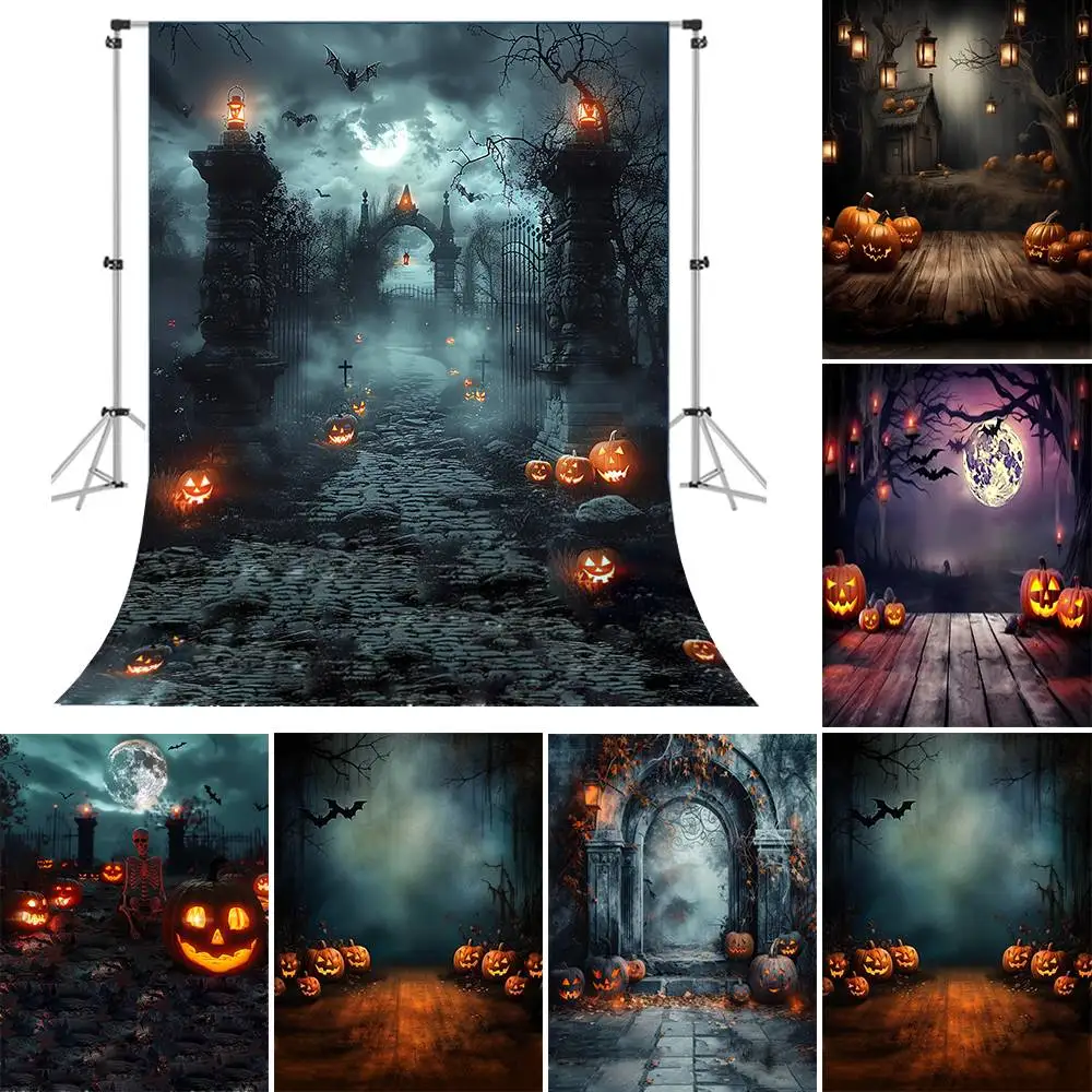 Bonvvie Halloween Photography Backdrop Horror Forest Skull Ghost Graveyard Pumpkin Lantern Background Kids Portrait Party Decor