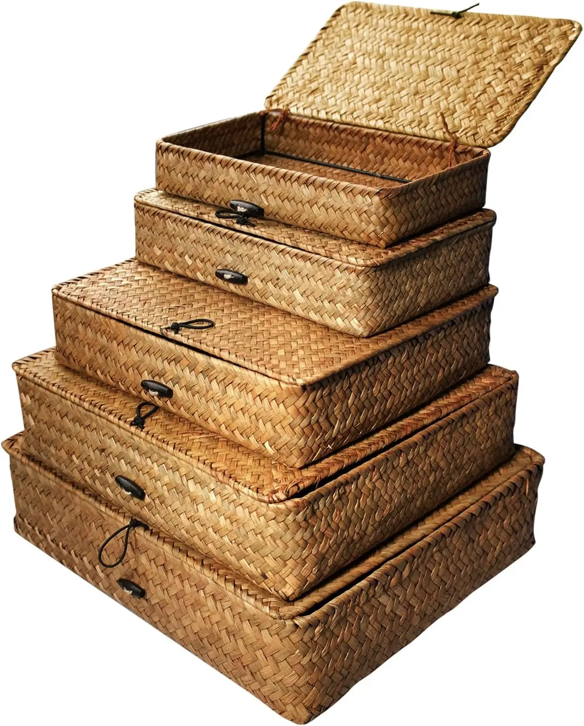 

5 Pcs Seagrass Basket with Lid 5 Sizes Decorative Storage Boxes Rattan Wicker Storage Basket with Lids Woven Organizer Basket