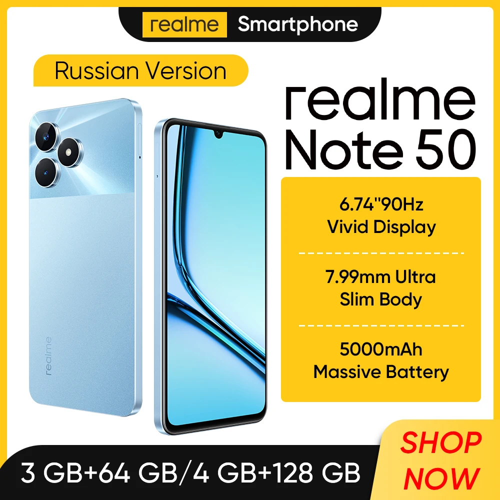 realme Note 50 6.74\'\'90Hz Display IP54 Water&Dust Resistance 5000mAh Battery 13MP Camera 3-Card Slot 7.99mm Ultra Slim 128GB