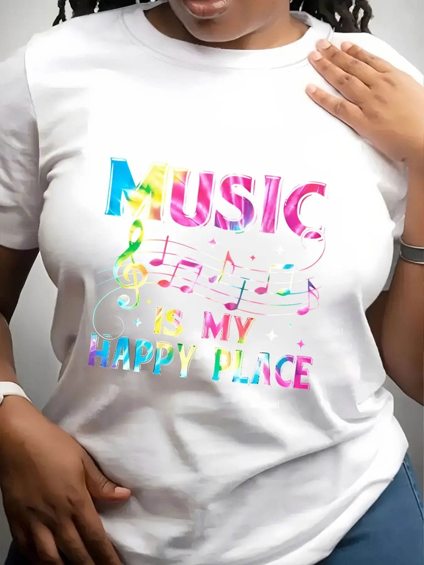 Women's Trendy Crew Neck T-Shirt Music Is My Happy Place Suitable for Casual Sportswear