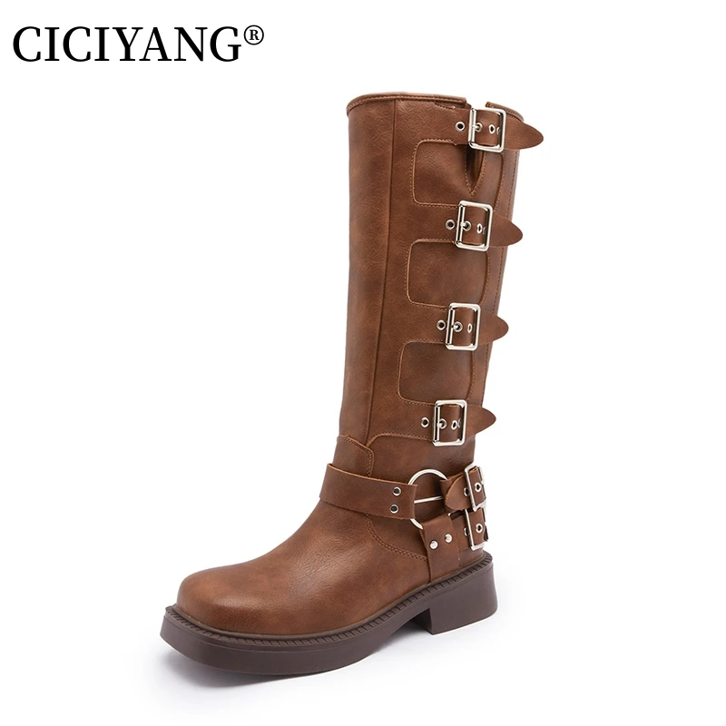 CICIYANG Genuine Leather Knight Boots for Women Autumn Western Cowboy Boot Ladies Knee Length High Boots Belt Buckle Marton Boot