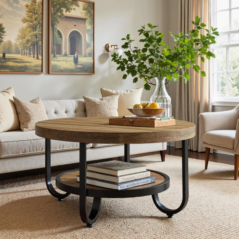 

Round Coffee Table with Storage Shelf for Living Room, 31.1-Inch Center Cocktail Table with Sturdy Curved Metal Legs,
