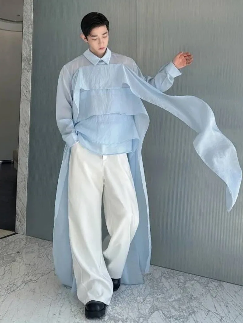 High End Lightweight Men's Oversized Long Shirt Casual Sequin Embellished Niche Turn Down Collar Long Sleeve Top 9X1WXN