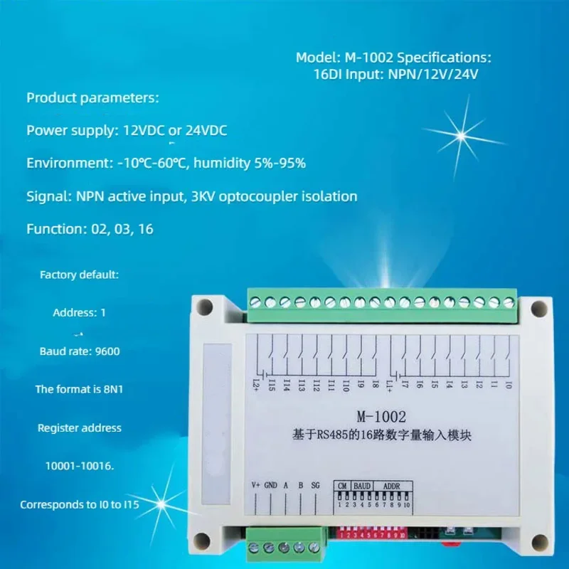 Módulo de aquisição de entrada de interruptor M1002, interruptor fotoelétrico de transistor de entrada de vazamento NPN de 16 canais para 485