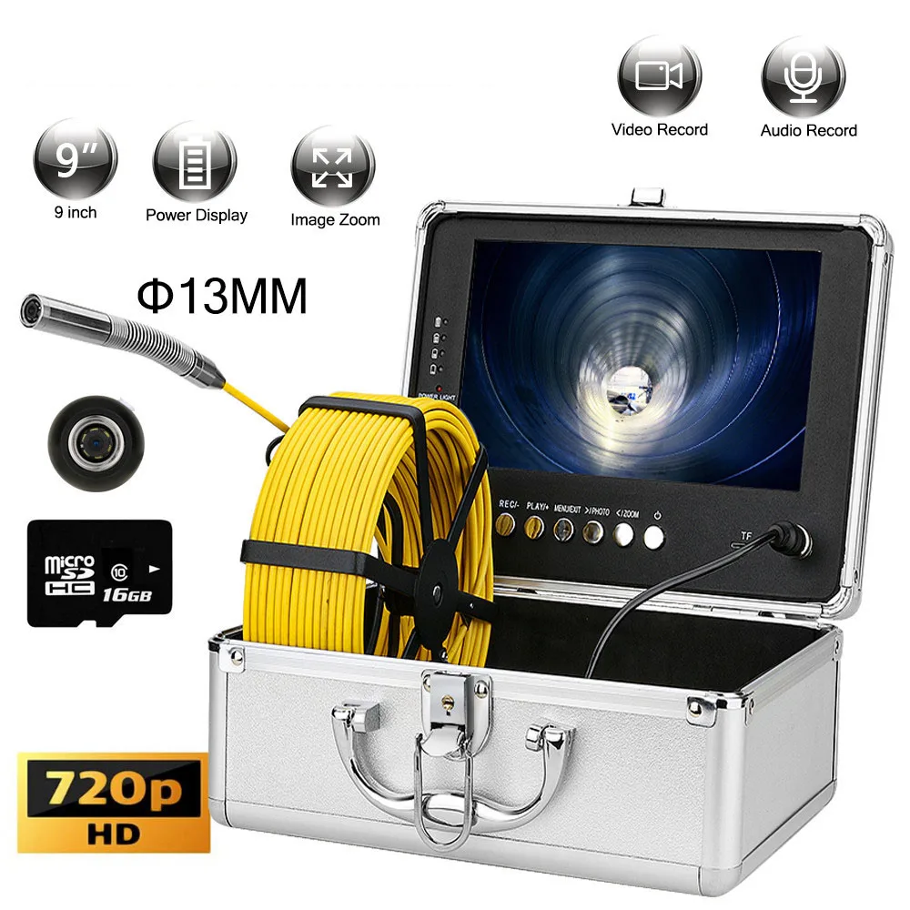 

13MM Pipe Inspection Camera with DVR, 16GB TF Card, 9" AHD 720P Monitor, 10/20/30M Sewer Drain Industrial Endoscope