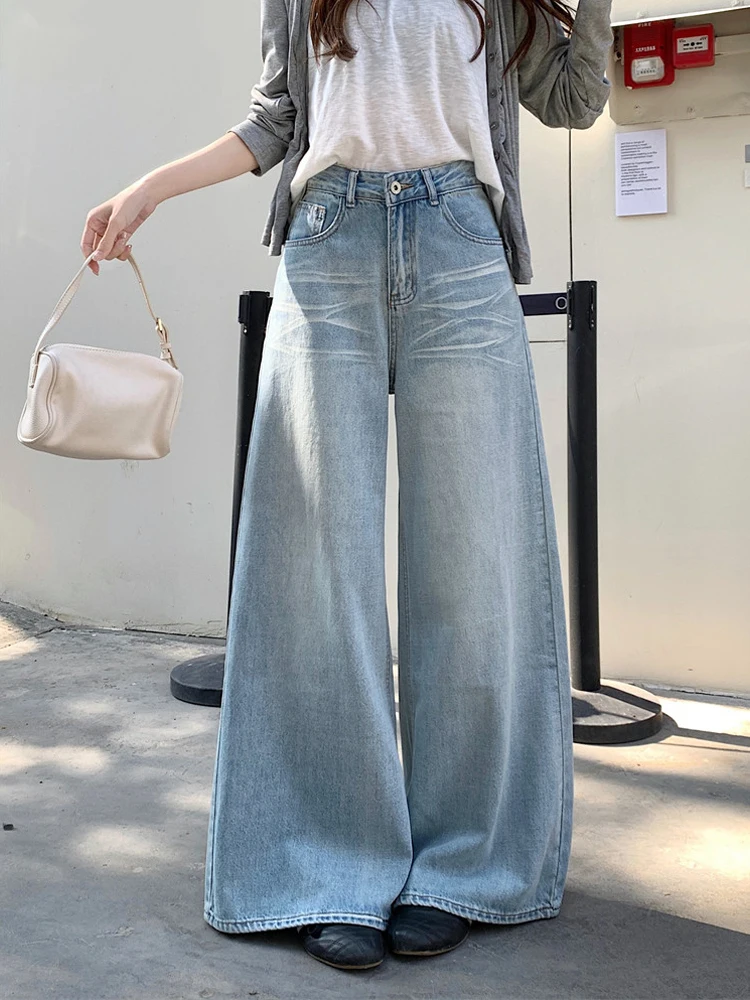 

Светло-голубые винтажные джинсы в пол для женщин, с высокой талией, утягивающие, широкие штанины, американский дизайн, новинка весны