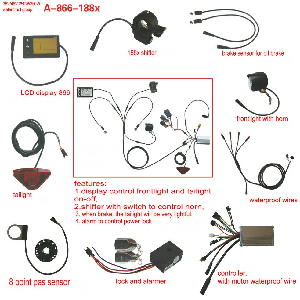 Conversion Kit for Electric Bike Scooter MTB 24V36V48V60V DISPLAY+250W350W CONTROLLER+SHIFTER+PAS SENSOR+LIGHT+WATERPROOF WIRE