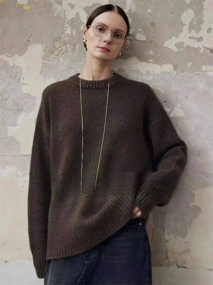 

Осень-зима 2025, свободный свитер большого размера, женский свитер средней длины из 100% мериносовой шерсти, вязаный французский пуловер с круглым вырезом, женская одежда