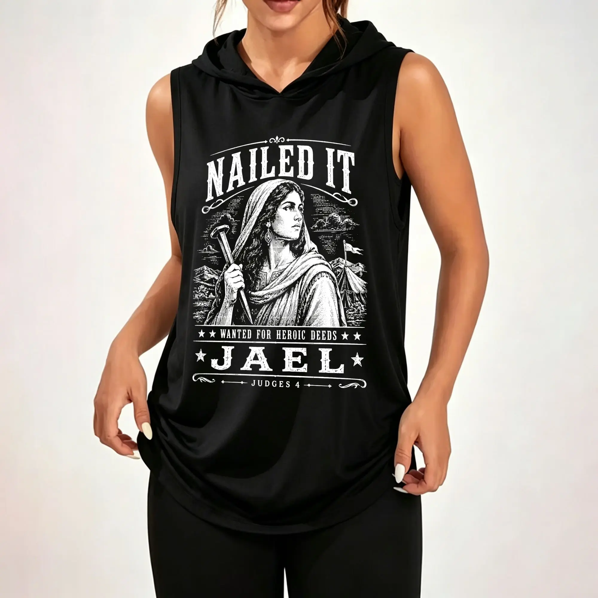 Women's Sleeveless Hoodie, Nailed It Jael Vintage Heroine Character Graphic Print Casual Hooded Tank Top