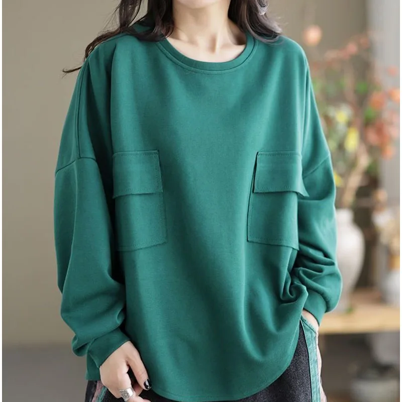 Spring and Autumn Fashion Trend Lazy Patchwork Pocket Round Neck Large Loose Versatile Simple Casual Women\'s Long Sleeve Sweater