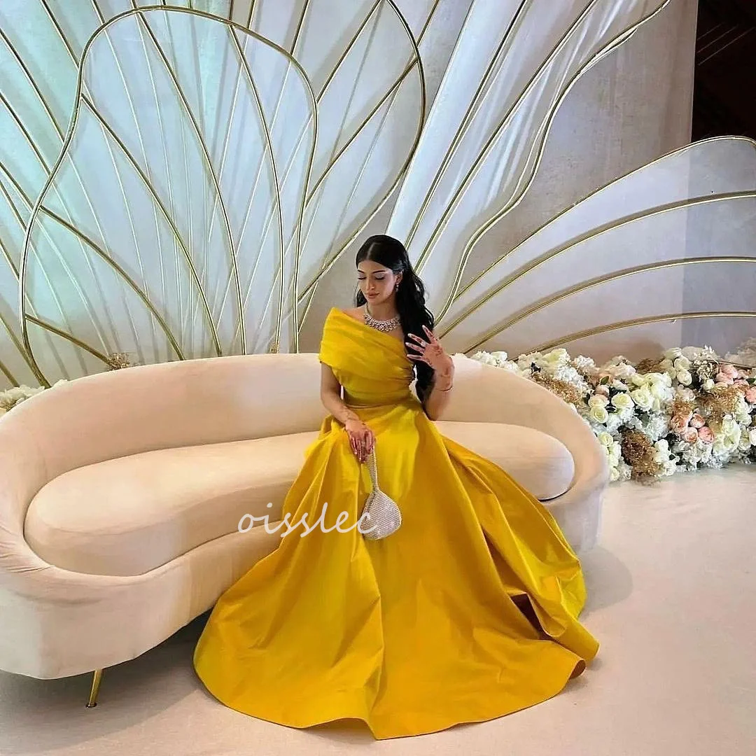 

Oisslec Yellow Saudi Arabic Satin Evening Dress One Shoulder A-Line Formal Women Prom Party Gowns Special Occasion Dress