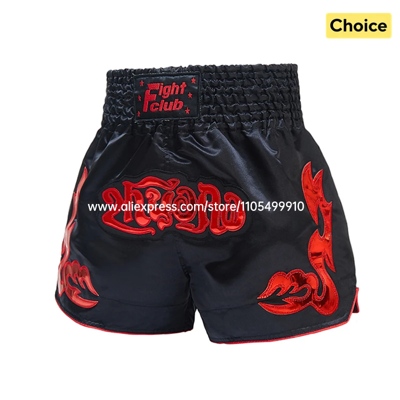 Embroidery Muay Thai Shorts Professional Boxing Shorts Men Women Kids MMA Sparring Kickboxing Cage Fight Training Pants Black