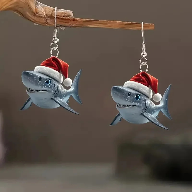 2Pcs Fashion Creative Shark Animal Christmas Hat  Acrylic Dangle Earrings Women Trendy Personality Party Daily Gift Jewelry