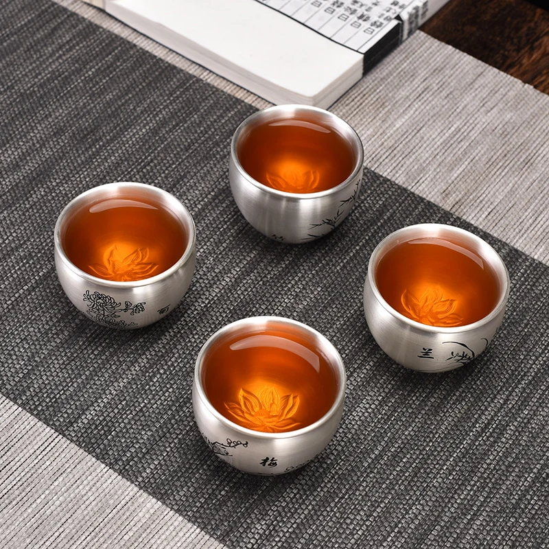 Double-layer sample tea cup set tea silver cup master cup plum orchid bamboo chrysanthemum 999 sterling silver kung fu tea cup