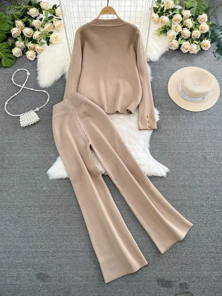 Women Outfits Sweater Two Piece Set Autumn Winter V-neck Single Breasted Knitted Jacket High Waist Straight Leg Wide Pants Suits